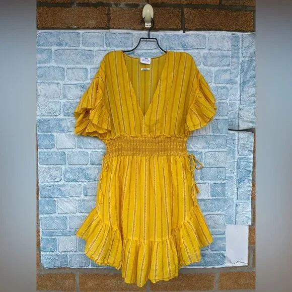 SAYLOR Adrianne Ruffled V-Neck Metallic Striped Gold Mini Dress medium